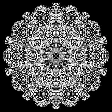 Ornamental round lace pattern, circle background with many details, looks lik 스톡 일러스트