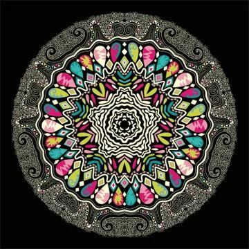 Ornamental round lace pattern, circle background with many details, looks lik Illustrazione stock