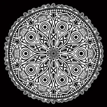 Ornamental round lace pattern, circle background with many details, looks lik 스톡 일러스트