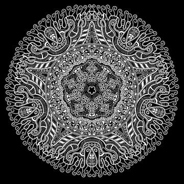 Ornamental round lace pattern, circle background with many details, looks lik Stock Illustration