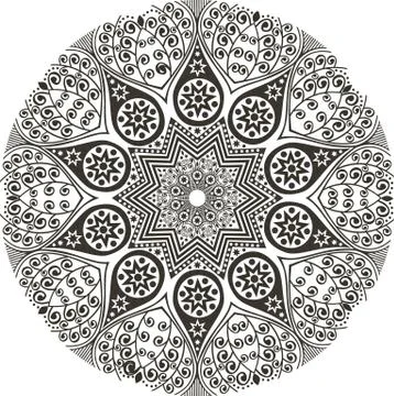Ornamental round lace pattern, circle background with many details, looks lik Illustrazione stock