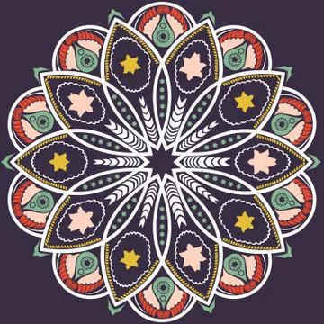 Ornamental round lace pattern, circle background with many details, looks lik Illustrazione stock