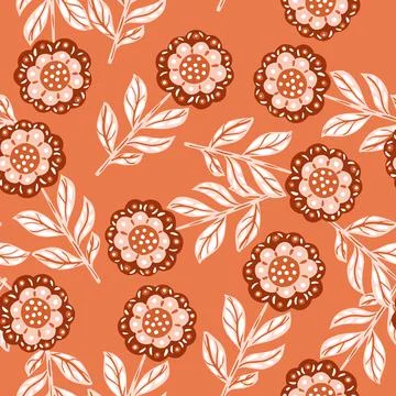 Ornamental seamless botany pattern with doodle folk flowers elements. Orange  Stock Illustration