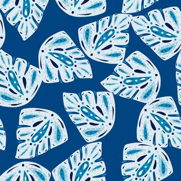 Ornamental seamless pattern with random blue abstract monstera foliage print. Stock Illustration