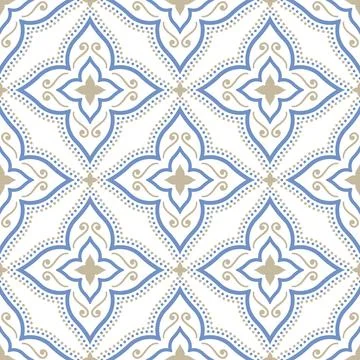Ornamental Seamless Tile Pattern in Beige and Blue Stock Illustration