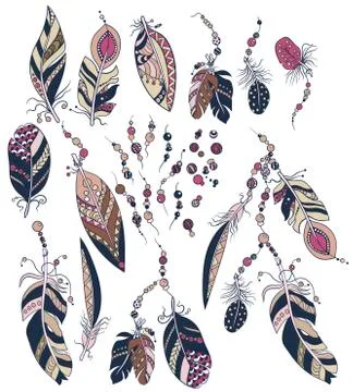 Ornamental set with decoration elements  with feathers, beads in ornamnents i Stock Illustration