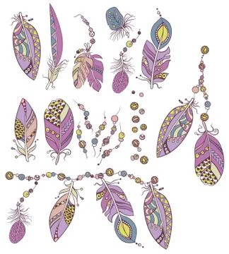 Ornamental set with decoration elements  with feathers, beads in ornamnents i Stock Illustration
