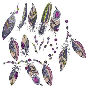Ornamental set with decoration elements  with feathers, beads in ornamnents i Stock Illustration