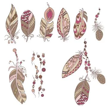 Ornamental set with decoration elements  with feathers, beads in ornamnents i Stock Illustration