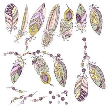 Ornamental set with decoration elements  with feathers, beads in ornamnents i Stock Illustration