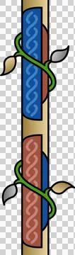 Ornamental staff is featuring flat column panels, vine leaves, red circle on Stock Illustration