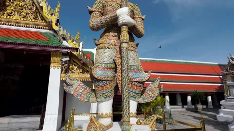 Ornamental warrior statue in Temple of the Emerald Buddha Stock Footage 297065922