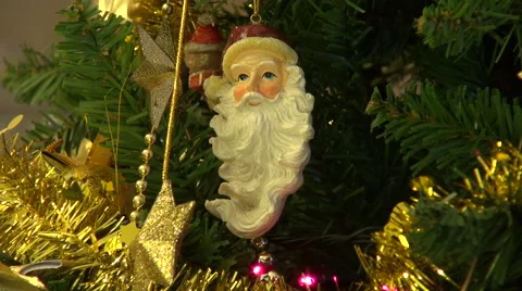 Ornaments in beautiful Christmas tree, background, glittering red lights Stock Footage 41751772