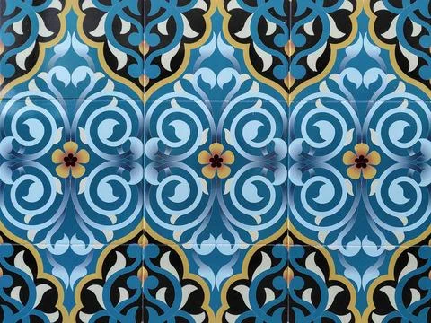 Ornate Arabic Tile Pattern Background - Blue Floral Ceramic Texture Backdrop Stock Photos
