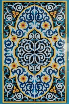 Ornate Arabic Tile Pattern Panel - Vertical Blue Ceramic Art Texture Backgrou Foto stock