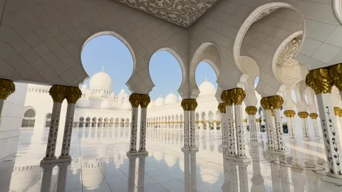 Ornate Arched Pillars Lining Sheikh Zayed Grand Mosque in Abu Dhabi, UAE Stock Footage 330082706