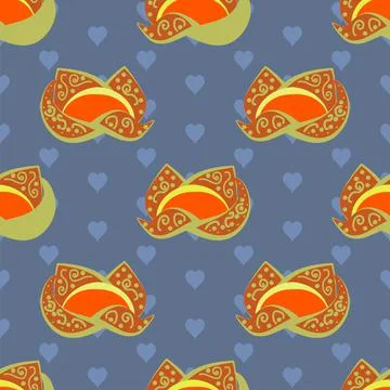 Ornate art vector seamless pattern in orange and navy with hearts and flowers Illustrazione stock
