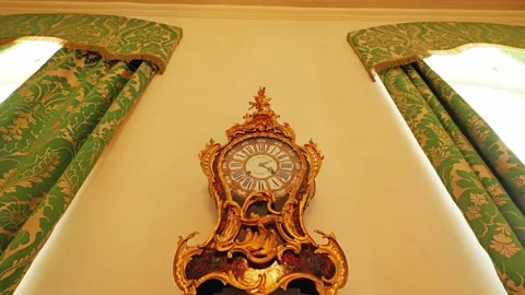 Ornate Baroque Clock Inside Historic European Palace Interior View Stock Footage 315077587
