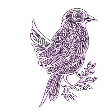 Ornate bird line drawing perched on branch Stock Illustration