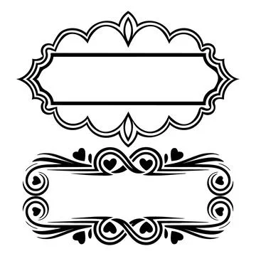 Ornate black decorative frames with swirling floral and heart accents Stock Illustration