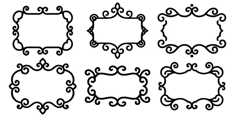Ornate black scroll frames set with elegant filigree border designs. Stock Illustration