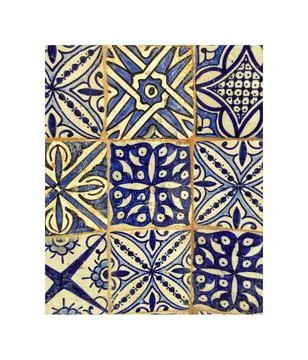Ornate, blue and white patterned tile, white frame, Essaouira, Morocco Stock Photos