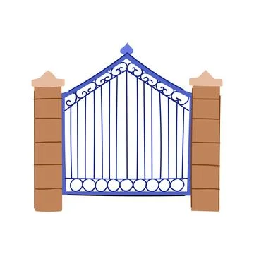 Ornate blue gate with brick pillars for property entrance Stock Illustration