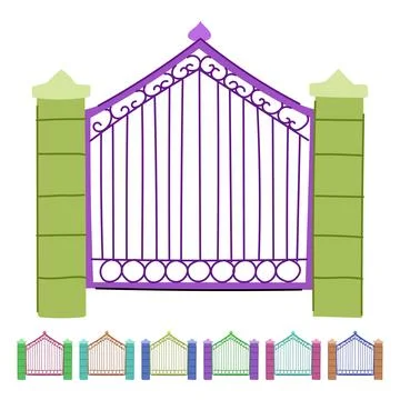 Ornate blue gate with brick pillars for property entrance graphic Ilustración de archivo
