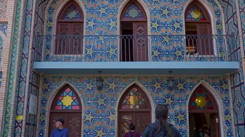 Ornate blue tile facade of the historic Orbeliani Bathhouse in the Abanotub.. Stock Footage 346550373