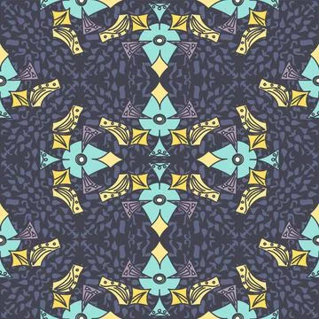 Ornate Bold Abstract Repeating Pattern In Blue And Yellow On A Purple Decorat Illustrazione stock
