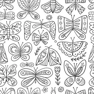 Ornate butterflies. Seamless pattern background for your design. Colouring page Stock Illustration
