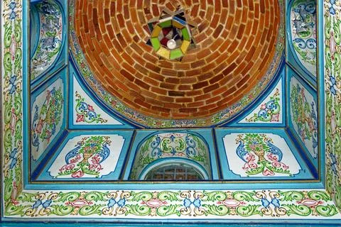 Ornate Ceiling with Concentric Brick Dome and Painted Floral Panels Stock Photos