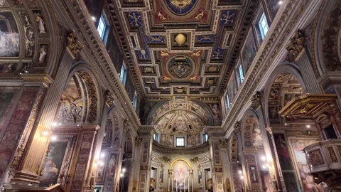 Ornate ceiling inside San Marcello al Corso church in Rome Stock Footage 338009337