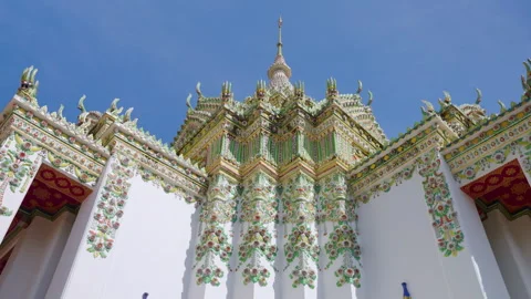 Ornate Ceramic Tile Architecture at Wat Pho - Bangkok - Thailand Stock Footage 346317776