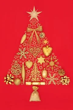 Ornate Christmas Tree Shape with Gold Baubles Stock Photos