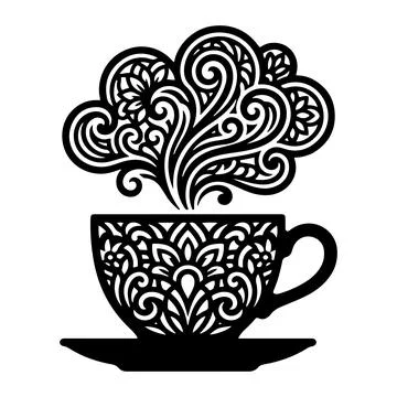 Ornate coffee or tea cup with decorative floral steam vector illustration Stock Illustration