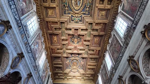 Ornate coffered ceiling inside Santa Maria in Aracoeli church in Rome Stock Footage 336280659