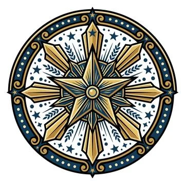 Ornate Decorative Geometric Compass Star Emblem in Vintage Gold and Blue Tone 库存插图