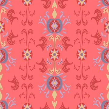 Ornate Decorative Repeat Pattern In Coral, Lilac And Lemon Stock Illustration