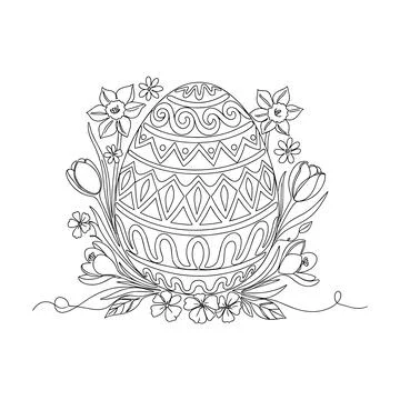Ornate Easter Egg With Spring Flowers Line Art Vector Illustration Illustrazione stock