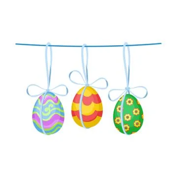 Ornate Easter eggs with bows hanging on rope. Decor for holiday celebration Stock Illustration