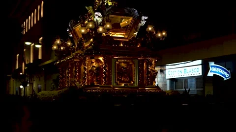 Ornate Easter Procession Float in Evening Parade in Gandia, Valencia, Spain Stock Footage 295086581