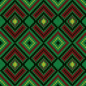 Ornate ethnic knitting seamless pattern mainly in green color Stock Illustration