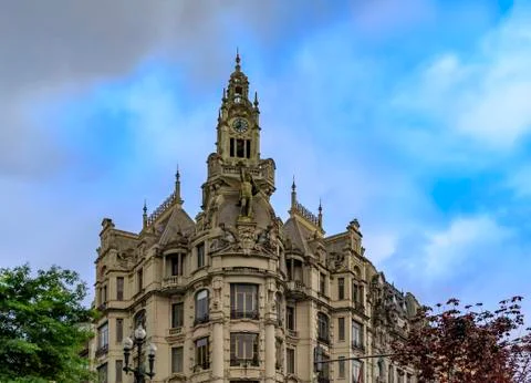 Ornate facade of Edificio A Nacional in Liberty Square in Porto, Portugal Stock Photos