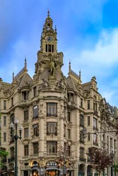 Ornate facade of Edificio A Nacional in Liberty Square in Porto, Portugal Stock Photos