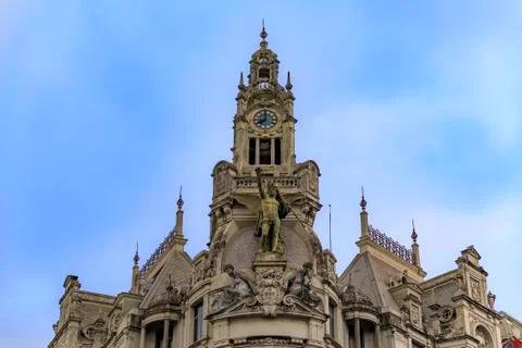Ornate facade of Edificio A Nacional in Liberty Square in Porto, Portugal Stock Photos