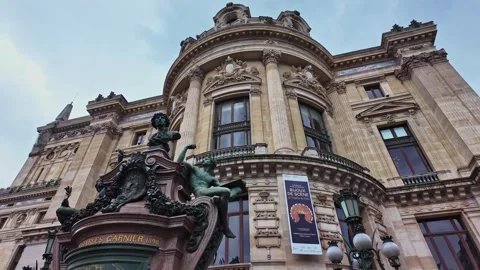 Ornate facade of Palais Garnier with statues and architectural details, Paris Stock Footage 304856442