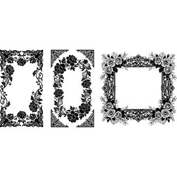 Ornate floral frames with rose elements in silhouette against a light backg.. Stock Illustration