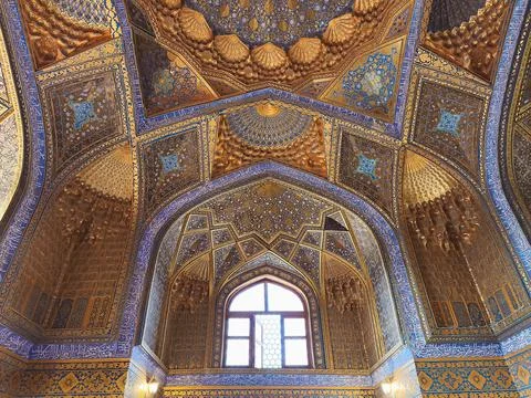 Ornate gilded interior ceiling of Ak Saray Mausoleum in Samarkand featuring.. Stock Photos