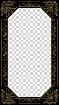 Ornate gold frame is floating on transparent background, with art deco geometric Illustrazione stock